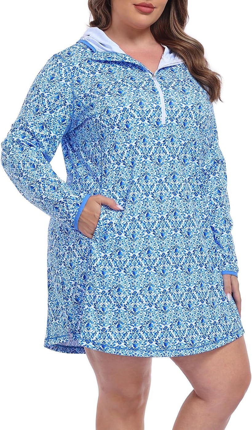image:imageHDE Womens Plus Size Swim Coverup Dress with Hood UPF 50 Long Sleeve Cover UpBlue Watercolor Damask