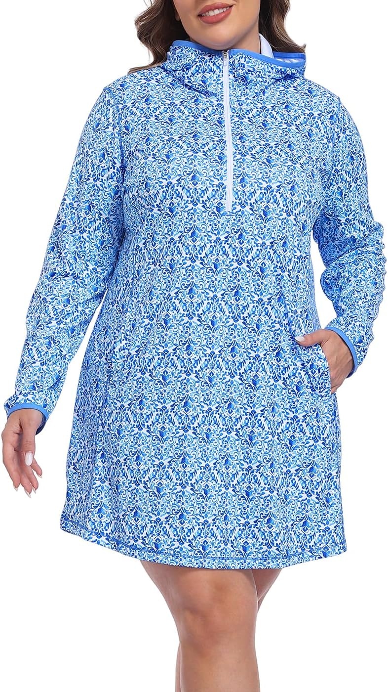 image:imageHDE Womens Plus Size Swim Coverup Dress with Hood UPF 50 Long Sleeve Cover UpBlue Watercolor Damask