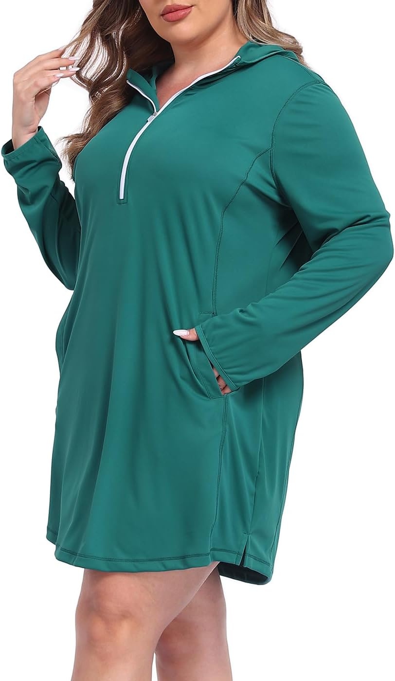 image:imageHDE Womens Plus Size Swim Coverup Dress with Hood UPF 50 Long Sleeve Cover UpDark Teal