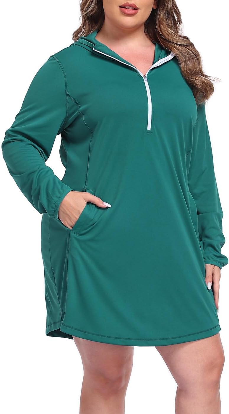 image:imageHDE Womens Plus Size Swim Coverup Dress with Hood UPF 50 Long Sleeve Cover UpDark Teal