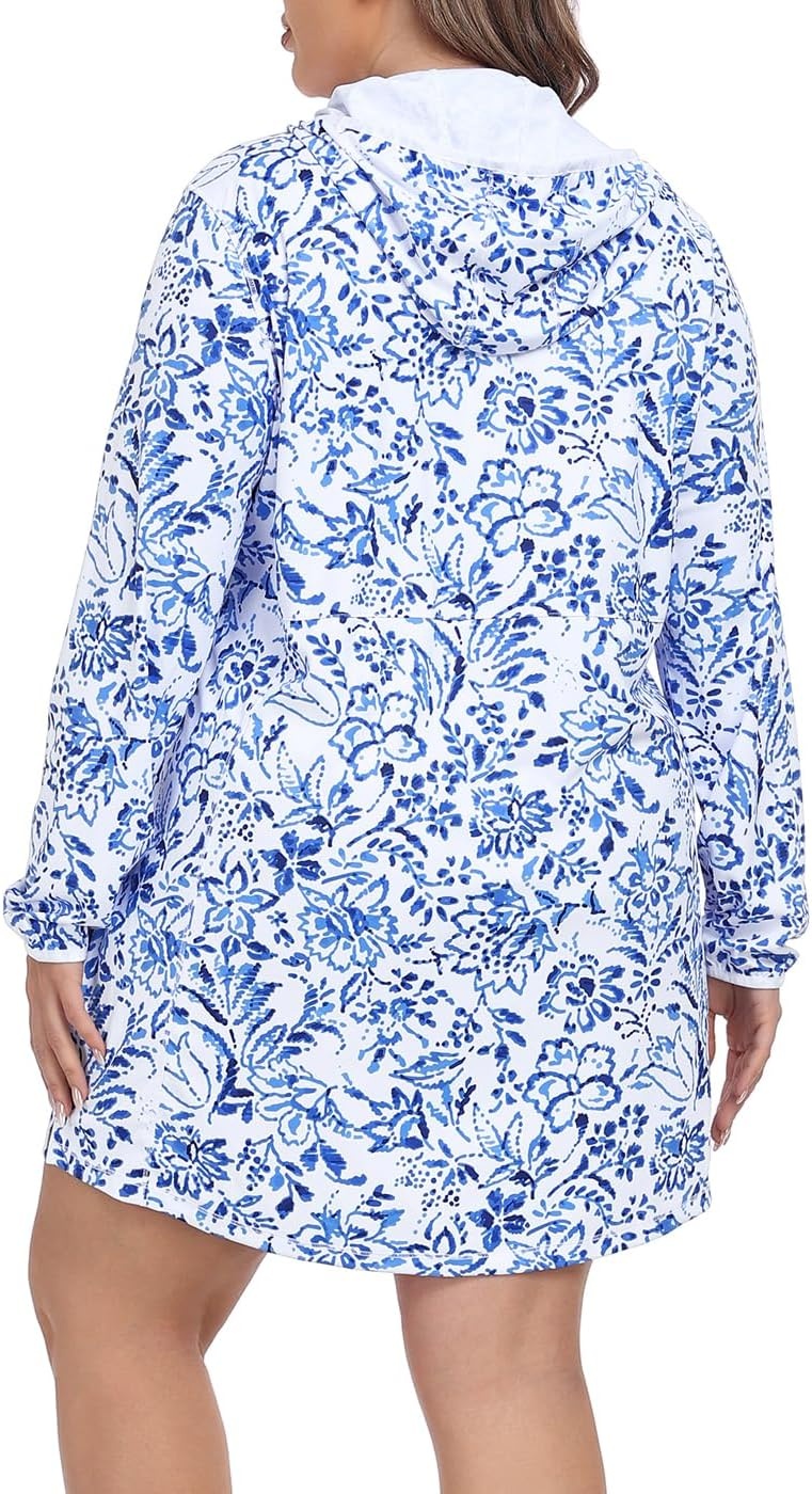 image:imageHDE Womens Plus Size Swim Coverup Dress with Hood UPF 50 Long Sleeve Cover UpIndigo Floral