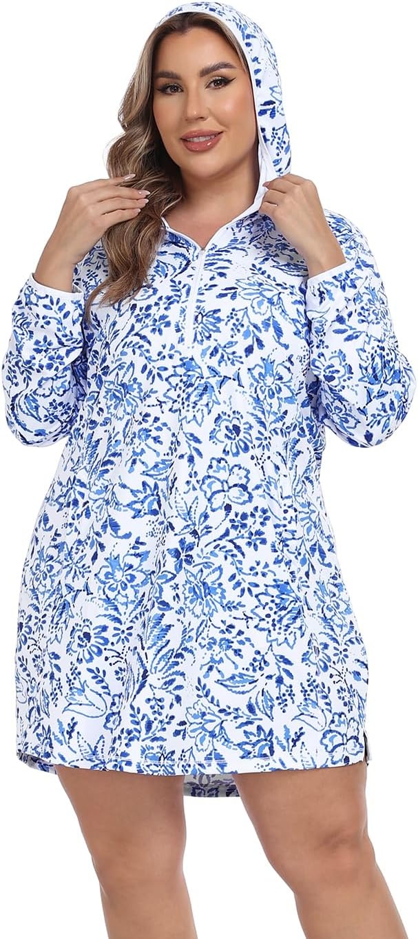 image:imageHDE Womens Plus Size Swim Coverup Dress with Hood UPF 50 Long Sleeve Cover UpIndigo Floral