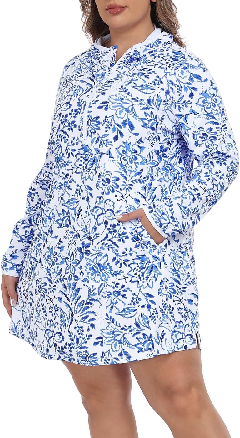 image:imageHDE Womens Plus Size Swim Coverup Dress with Hood UPF 50 Long Sleeve Cover UpIndigo Floral