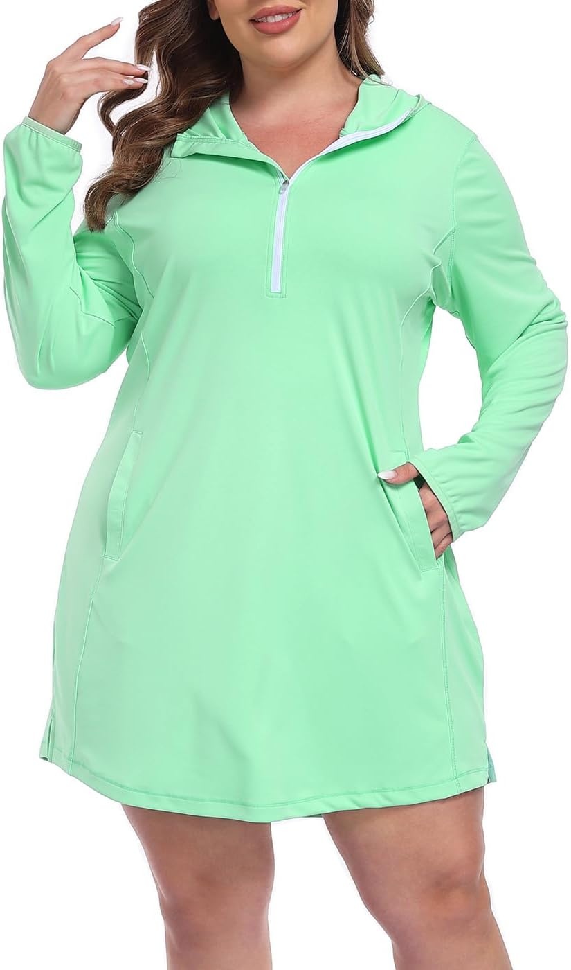 image:imageHDE Womens Plus Size Swim Coverup Dress with Hood UPF 50 Long Sleeve Cover UpJelly Mint