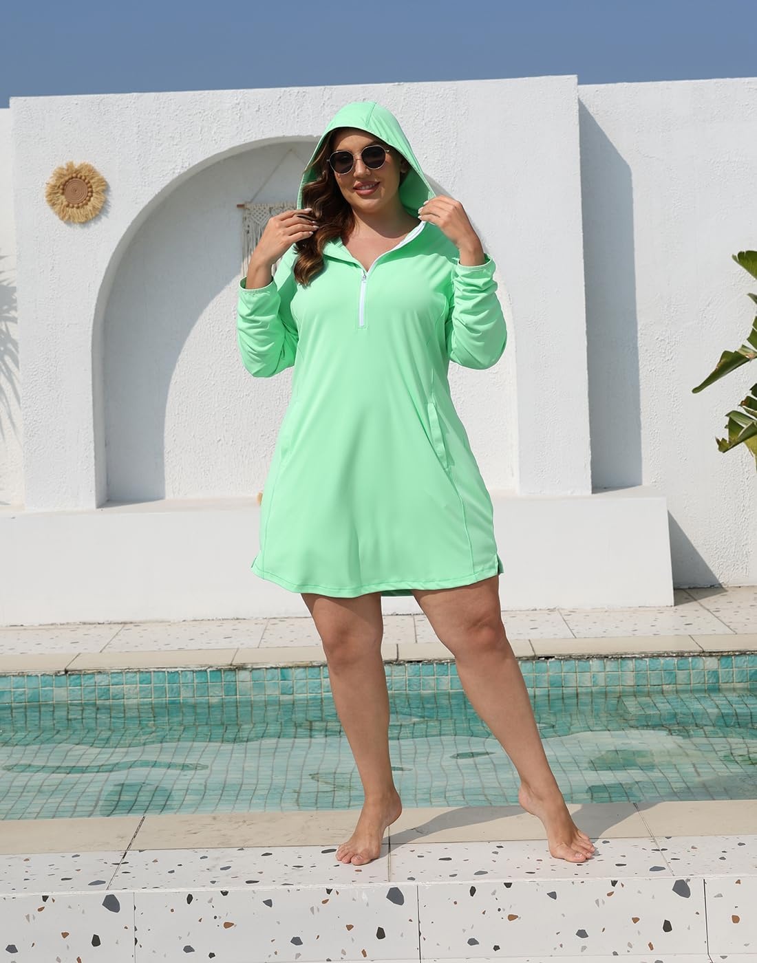 image:imageHDE Womens Plus Size Swim Coverup Dress with Hood UPF 50 Long Sleeve Cover UpJelly Mint