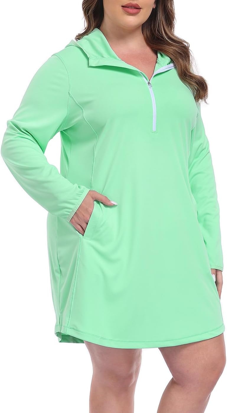 image:imageHDE Womens Plus Size Swim Coverup Dress with Hood UPF 50 Long Sleeve Cover UpJelly Mint