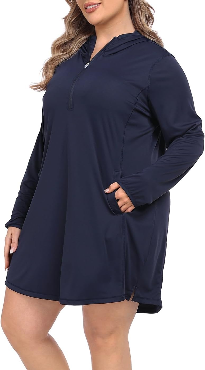 image:imageHDE Womens Plus Size Swim Coverup Dress with Hood UPF 50 Long Sleeve Cover UpMaritime Navy Blue