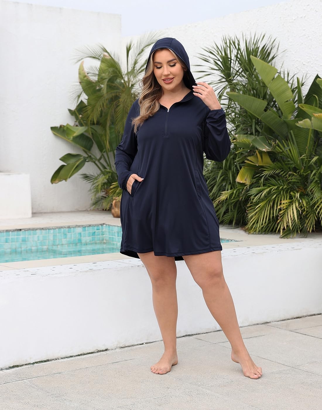 image:imageHDE Womens Plus Size Swim Coverup Dress with Hood UPF 50 Long Sleeve Cover UpMaritime Navy Blue