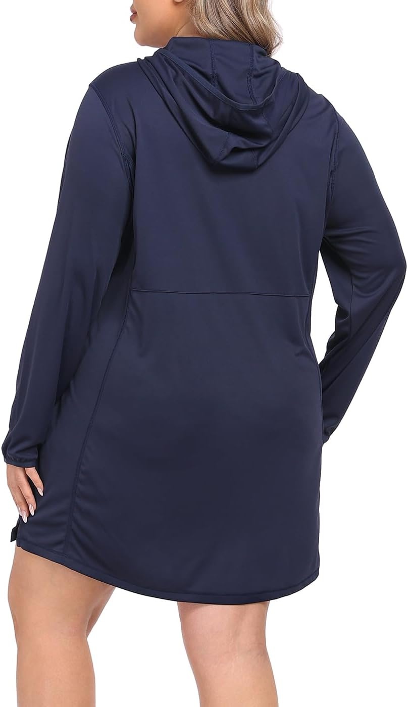 image:imageHDE Womens Plus Size Swim Coverup Dress with Hood UPF 50 Long Sleeve Cover UpMaritime Navy Blue