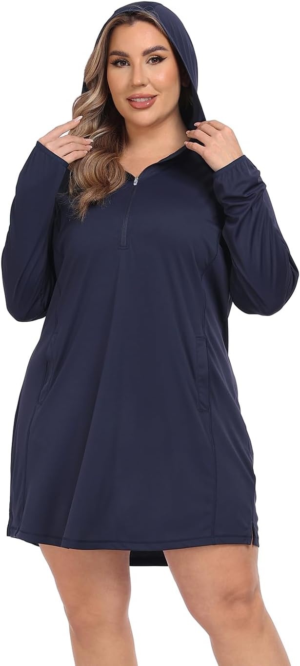 image:imageHDE Womens Plus Size Swim Coverup Dress with Hood UPF 50 Long Sleeve Cover UpMaritime Navy Blue