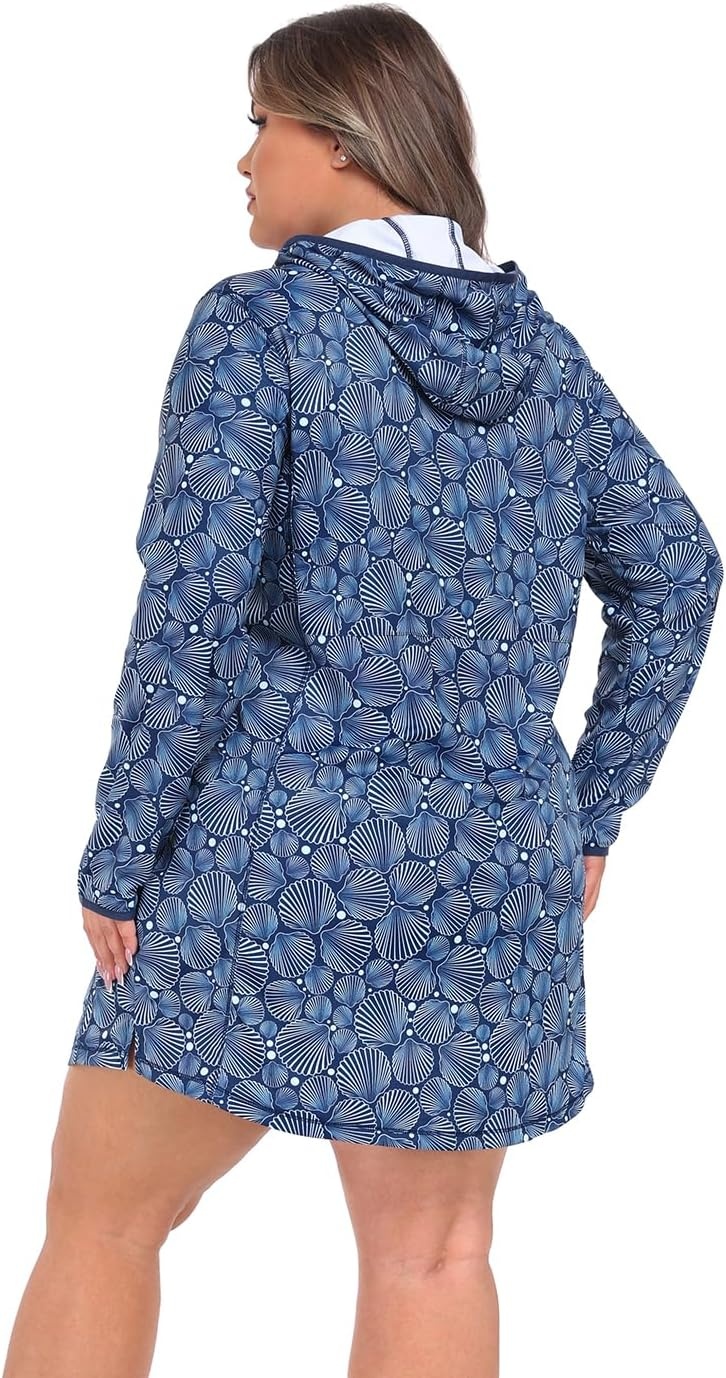 image:imageHDE Womens Plus Size Swim Coverup Dress with Hood UPF 50 Long Sleeve Cover UpNavy Seashells