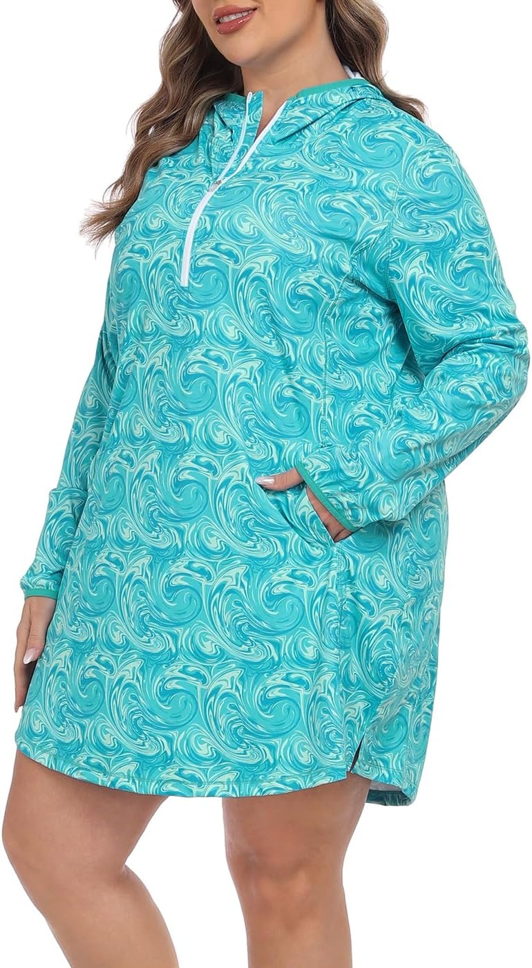 image:imageHDE Womens Plus Size Swim Coverup Dress with Hood UPF 50 Long Sleeve Cover UpOcean Swirl