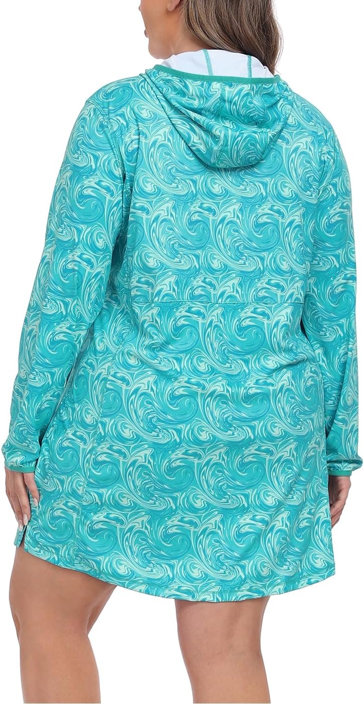 image:imageHDE Womens Plus Size Swim Coverup Dress with Hood UPF 50 Long Sleeve Cover UpOcean Swirl