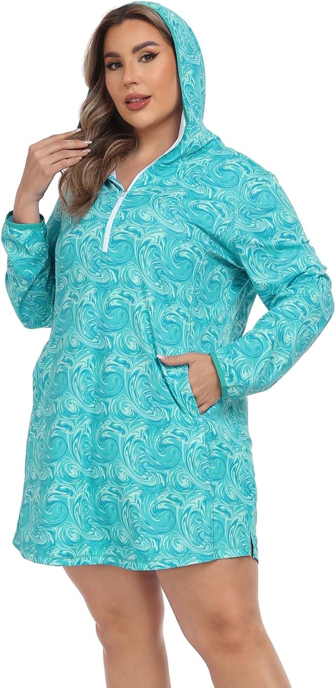 image:imageHDE Womens Plus Size Swim Coverup Dress with Hood UPF 50 Long Sleeve Cover UpOcean Swirl