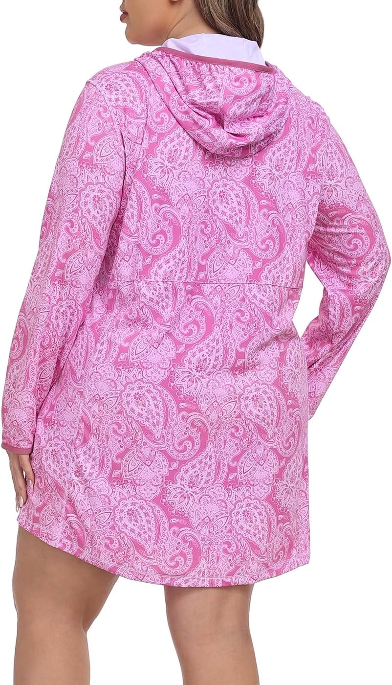image:imageHDE Womens Plus Size Swim Coverup Dress with Hood UPF 50 Long Sleeve Cover UpPink Paisley