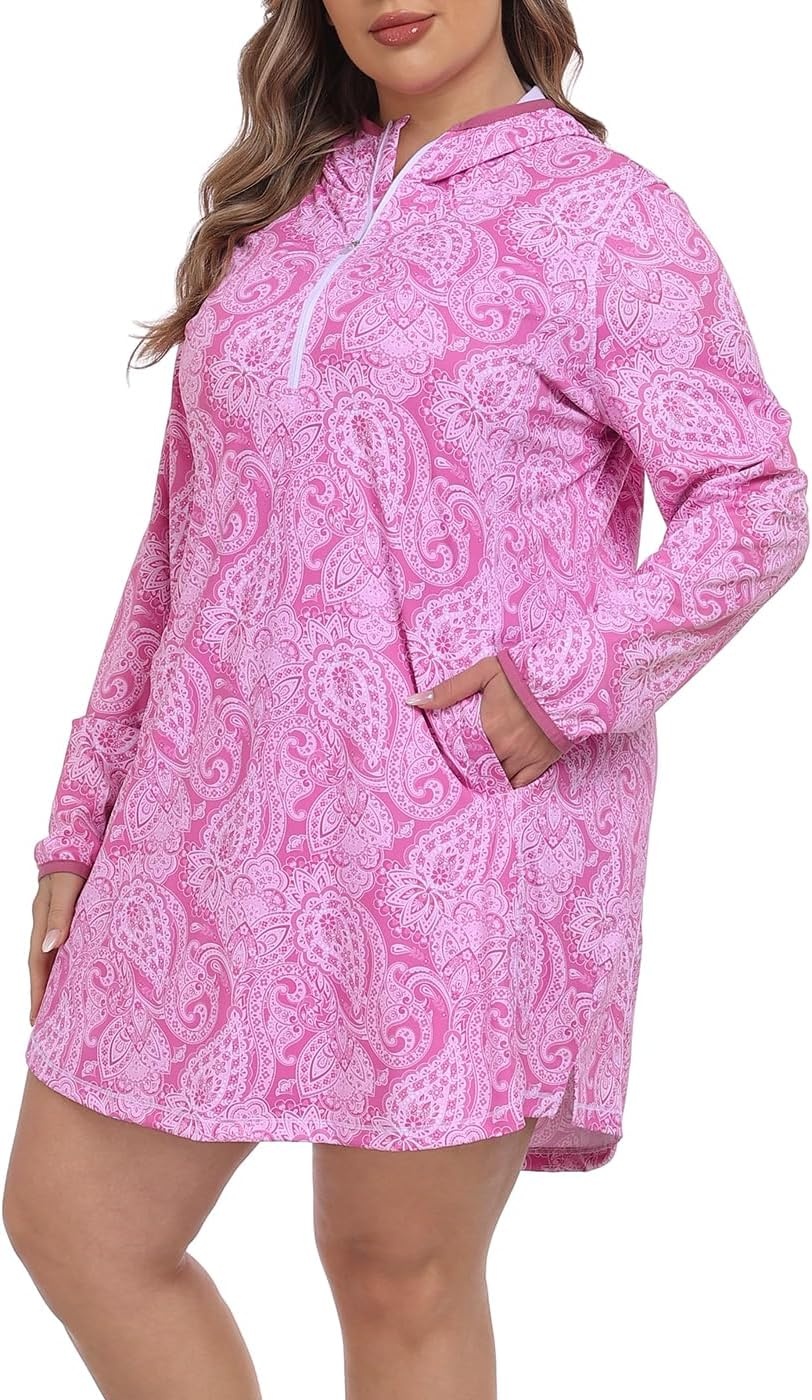 image:imageHDE Womens Plus Size Swim Coverup Dress with Hood UPF 50 Long Sleeve Cover UpPink Paisley