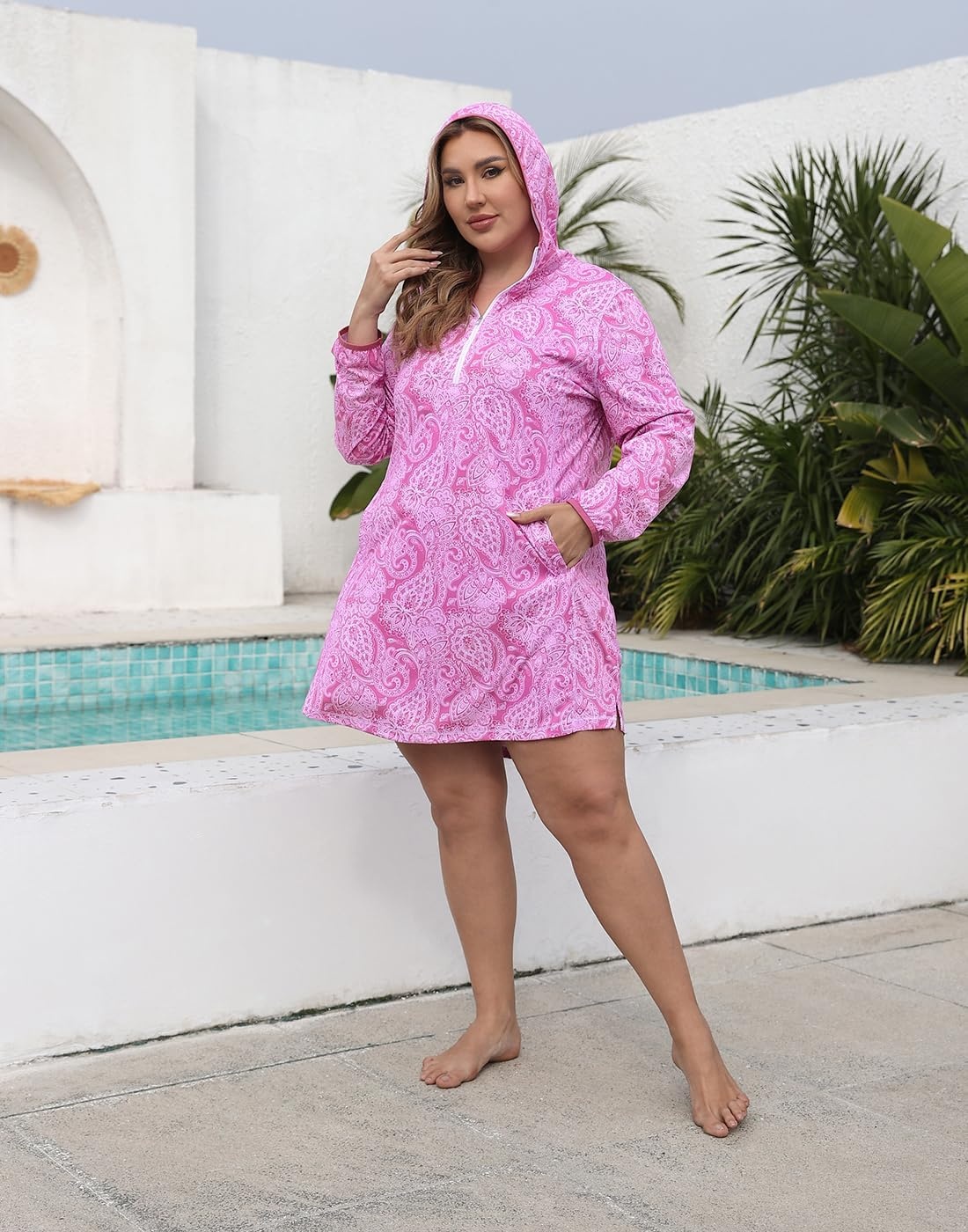 image:imageHDE Womens Plus Size Swim Coverup Dress with Hood UPF 50 Long Sleeve Cover UpPink Paisley