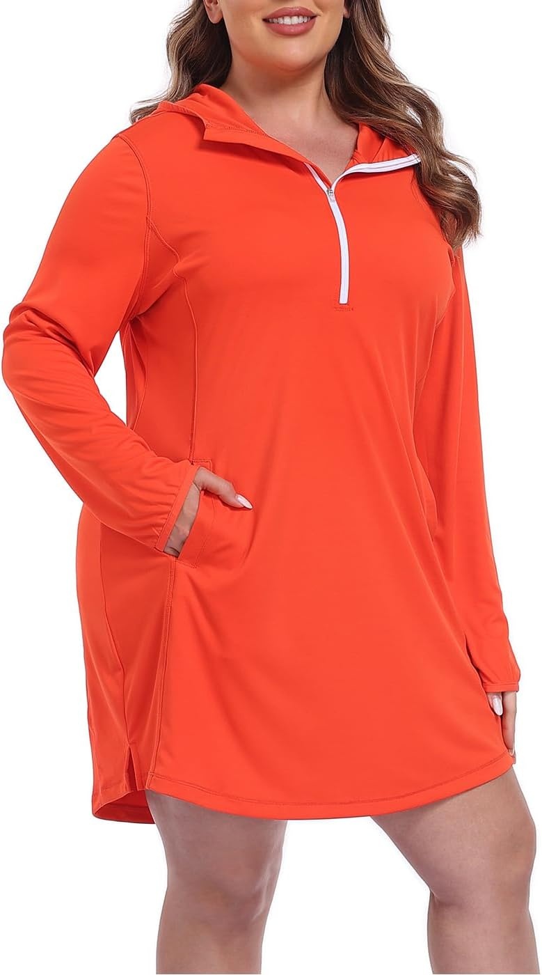 image:imageHDE Womens Plus Size Swim Coverup Dress with Hood UPF 50 Long Sleeve Cover UpSpicy Orange