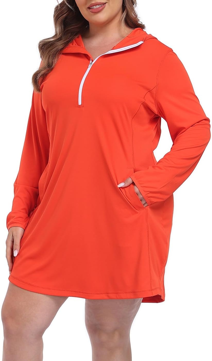 image:imageHDE Womens Plus Size Swim Coverup Dress with Hood UPF 50 Long Sleeve Cover UpSpicy Orange