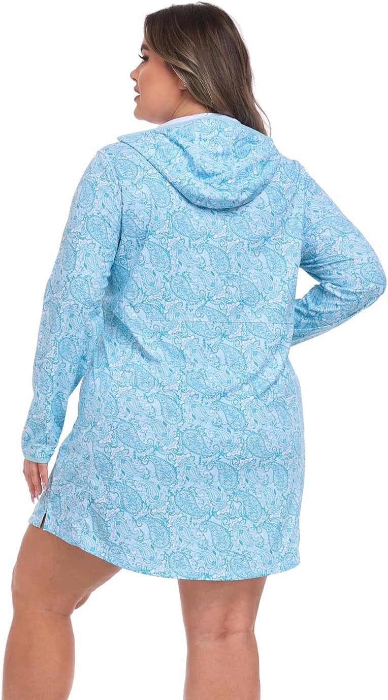 image:imageHDE Womens Plus Size Swim Coverup Dress with Hood UPF 50 Long Sleeve Cover UpTeal Paisley