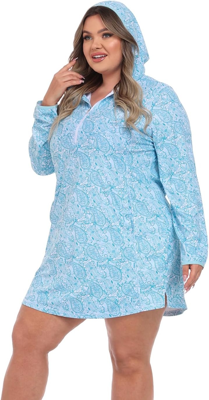 image:imageHDE Womens Plus Size Swim Coverup Dress with Hood UPF 50 Long Sleeve Cover UpTeal Paisley