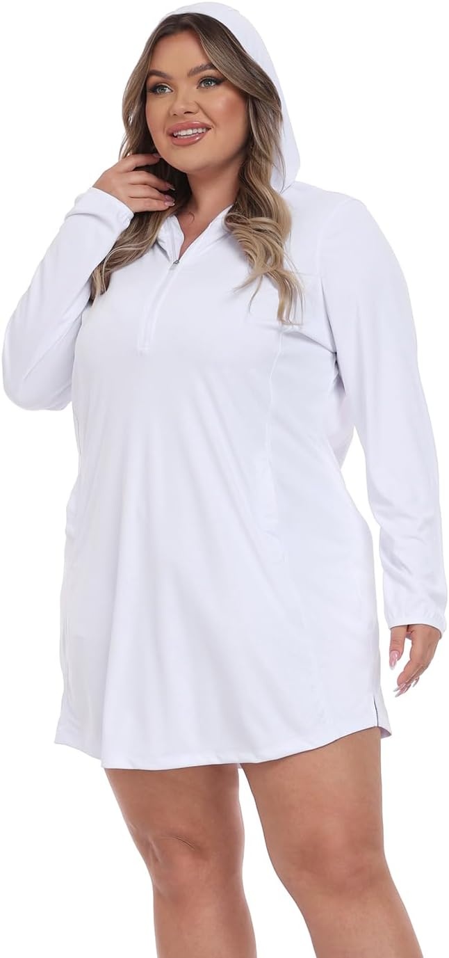 image:imageHDE Womens Plus Size Swim Coverup Dress with Hood UPF 50 Long Sleeve Cover UpWhite