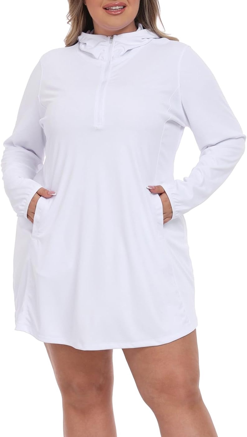 image:imageHDE Womens Plus Size Swim Coverup Dress with Hood UPF 50 Long Sleeve Cover UpWhite