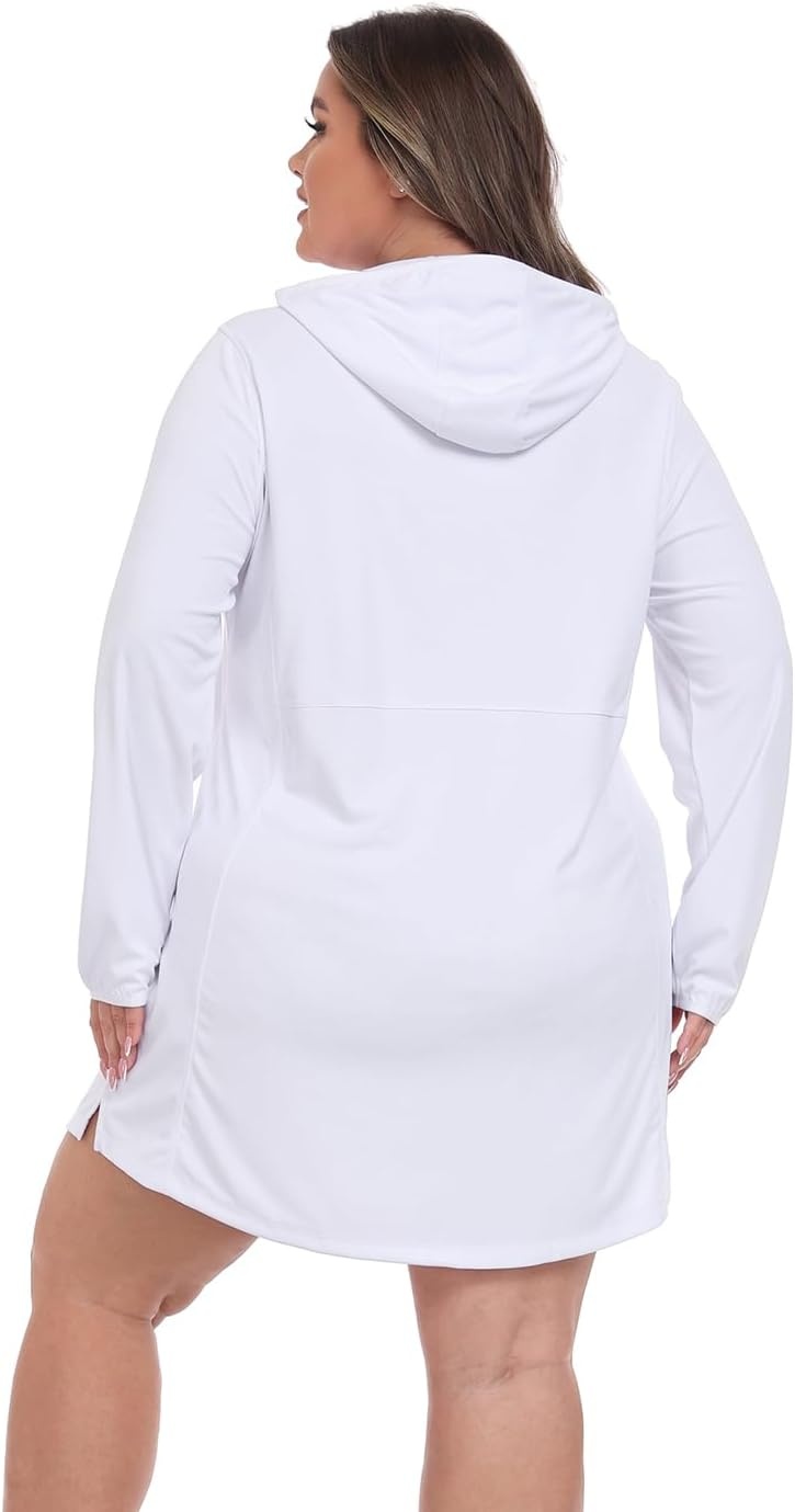 image:imageHDE Womens Plus Size Swim Coverup Dress with Hood UPF 50 Long Sleeve Cover UpWhite