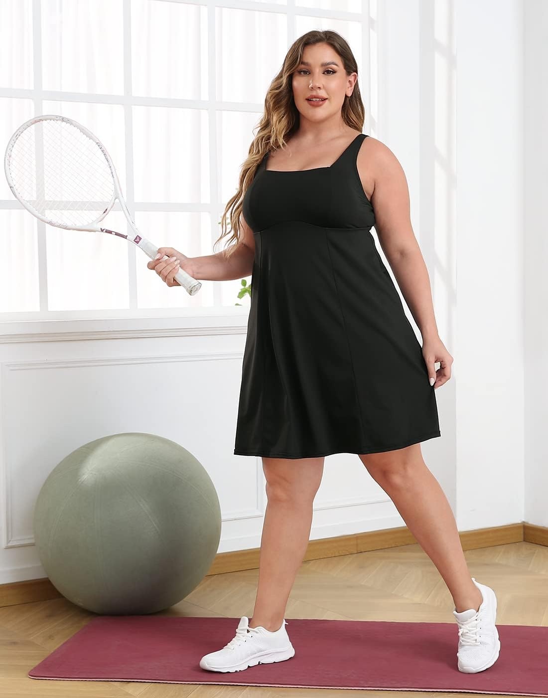 image:imageHDE Womens Plus Size Tennis Athletic Workout Dress Adjustable Straps Exercise Golf Dress with Builtin Shorts amp BraBlack