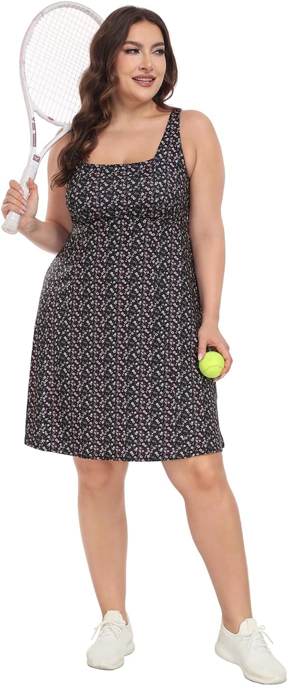 image:imageHDE Womens Plus Size Tennis Athletic Workout Dress Adjustable Straps Exercise Golf Dress with Builtin Shorts amp BraBlack Ditsy Floral