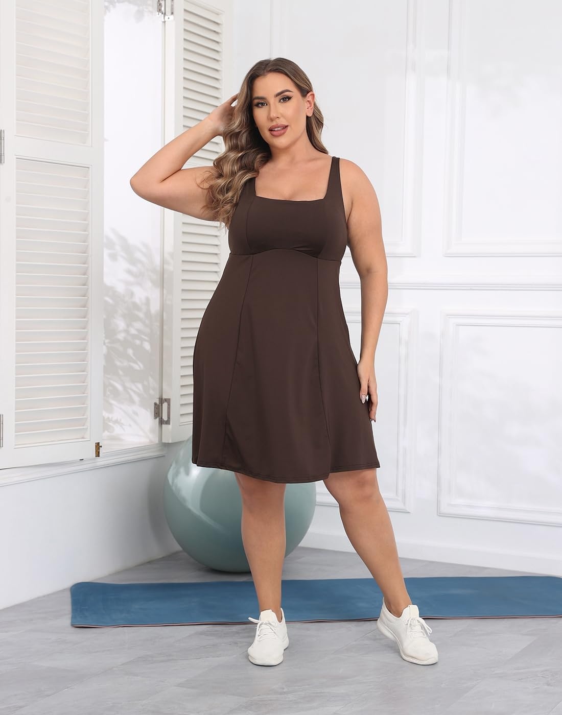 image:imageHDE Womens Plus Size Tennis Athletic Workout Dress Adjustable Straps Exercise Golf Dress with Builtin Shorts amp BraBrown