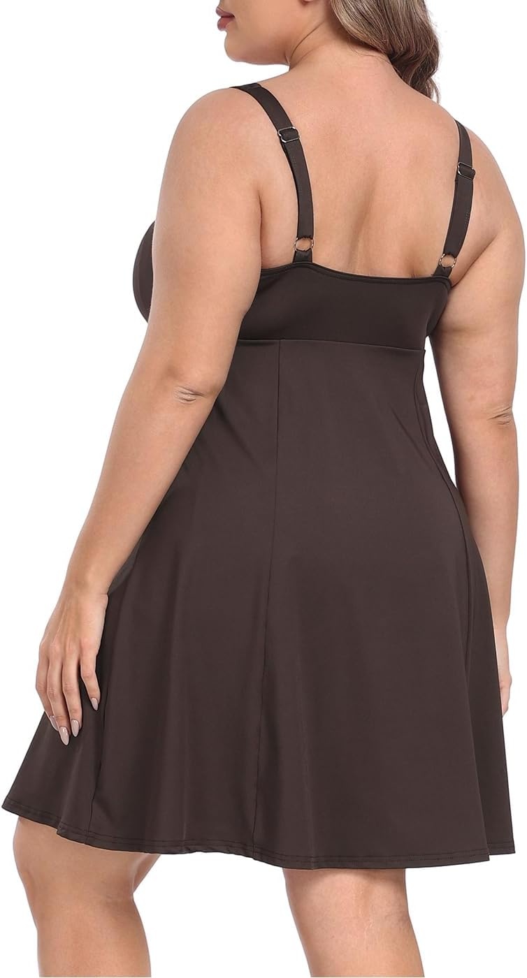 image:imageHDE Womens Plus Size Tennis Athletic Workout Dress Adjustable Straps Exercise Golf Dress with Builtin Shorts amp BraBrown
