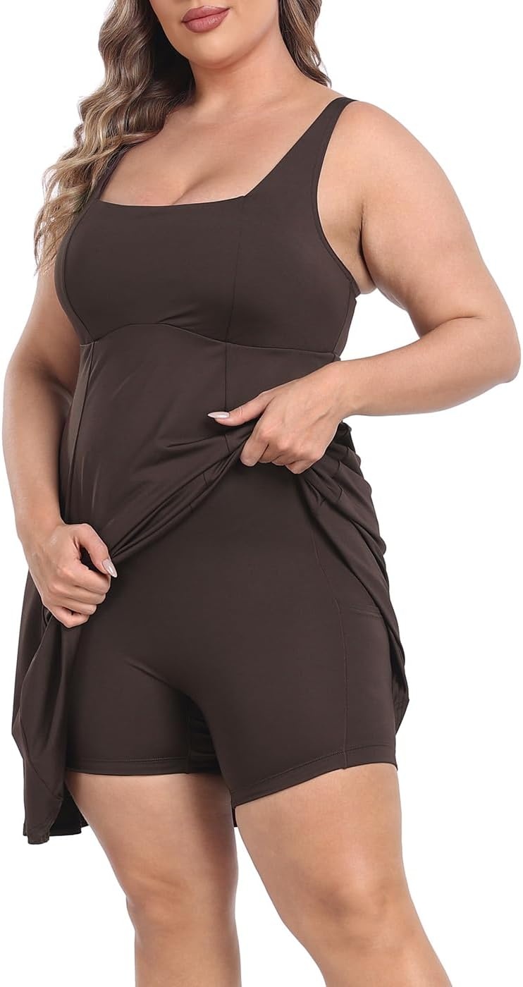 image:imageHDE Womens Plus Size Tennis Athletic Workout Dress Adjustable Straps Exercise Golf Dress with Builtin Shorts amp BraBrown