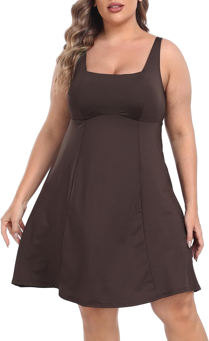 image:imageHDE Womens Plus Size Tennis Athletic Workout Dress Adjustable Straps Exercise Golf Dress with Builtin Shorts amp BraBrown