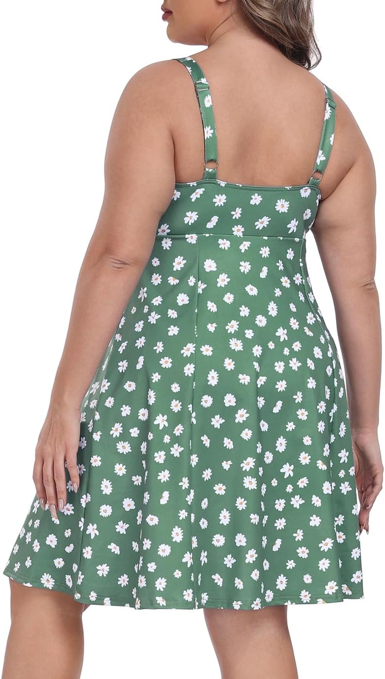 image:imageHDE Womens Plus Size Tennis Athletic Workout Dress Adjustable Straps Exercise Golf Dress with Builtin Shorts amp BraGreen Ditsy Floral