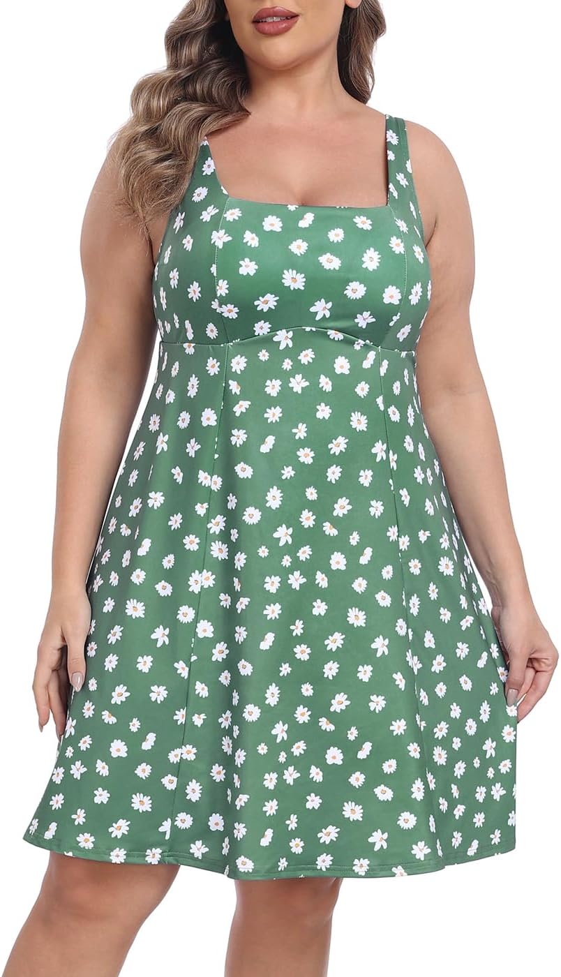 image:imageHDE Womens Plus Size Tennis Athletic Workout Dress Adjustable Straps Exercise Golf Dress with Builtin Shorts amp BraGreen Ditsy Floral
