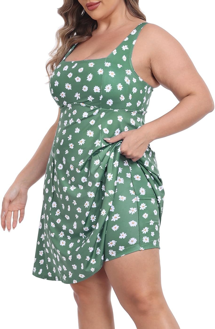 image:imageHDE Womens Plus Size Tennis Athletic Workout Dress Adjustable Straps Exercise Golf Dress with Builtin Shorts amp BraGreen Ditsy Floral