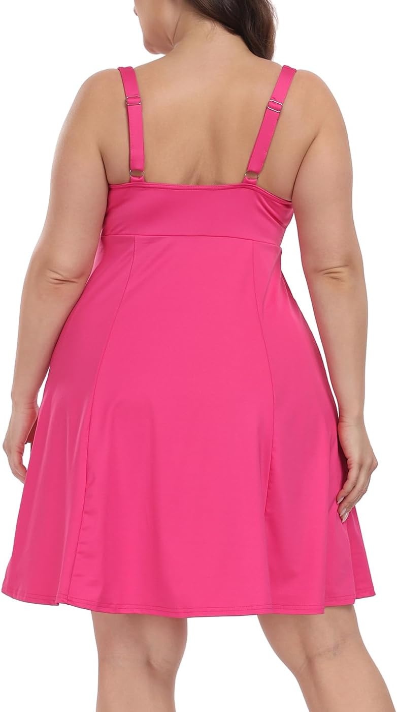 image:imageHDE Womens Plus Size Tennis Athletic Workout Dress Adjustable Straps Exercise Golf Dress with Builtin Shorts amp BraHot Pink