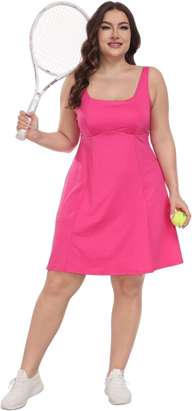 image:imageHDE Womens Plus Size Tennis Athletic Workout Dress Adjustable Straps Exercise Golf Dress with Builtin Shorts amp BraHot Pink