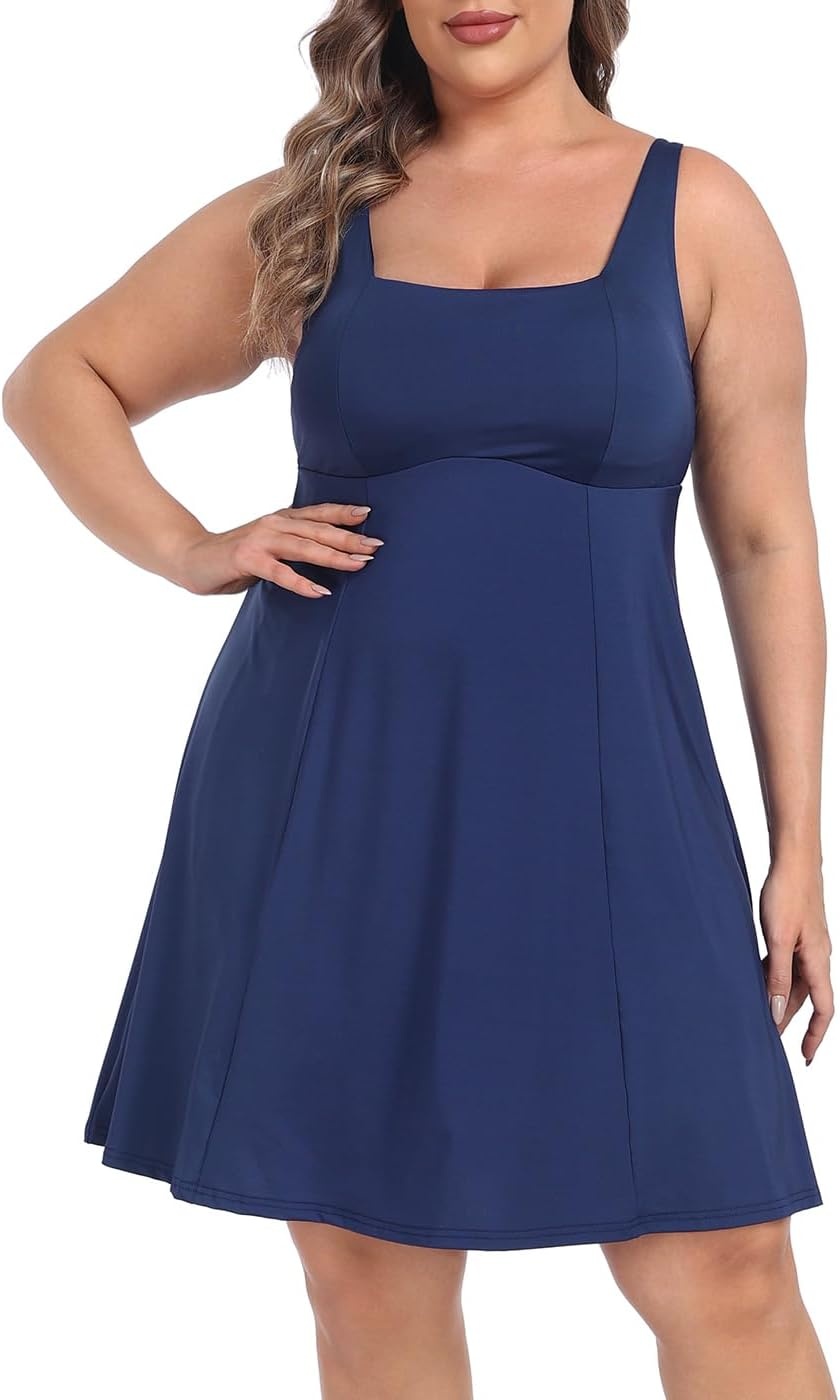image:imageHDE Womens Plus Size Tennis Athletic Workout Dress Adjustable Straps Exercise Golf Dress with Builtin Shorts amp BraNavy Blue
