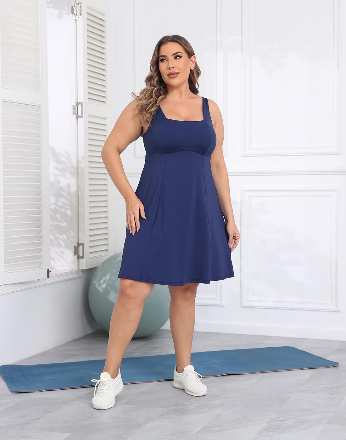 image:imageHDE Womens Plus Size Tennis Athletic Workout Dress Adjustable Straps Exercise Golf Dress with Builtin Shorts amp BraNavy Blue