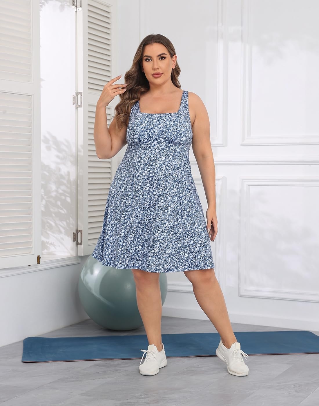 image:imageHDE Womens Plus Size Tennis Athletic Workout Dress Adjustable Straps Exercise Golf Dress with Builtin Shorts amp BraNavy Blue Floral