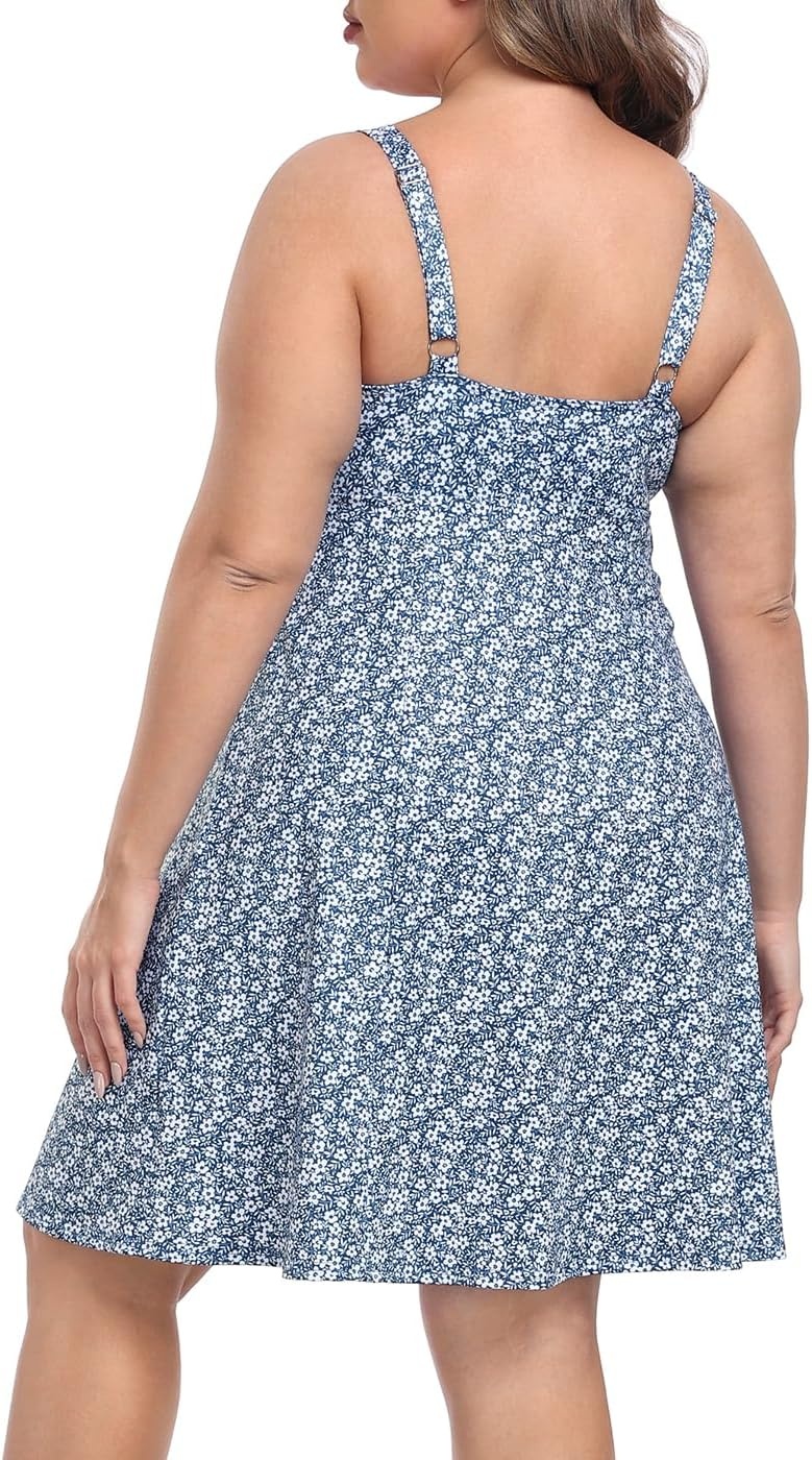 image:imageHDE Womens Plus Size Tennis Athletic Workout Dress Adjustable Straps Exercise Golf Dress with Builtin Shorts amp BraNavy Blue Floral