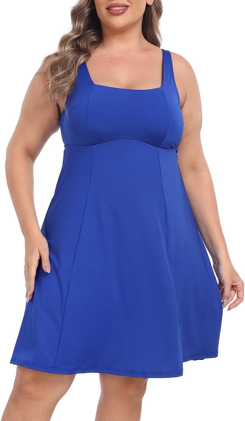 image:imageHDE Womens Plus Size Tennis Athletic Workout Dress Adjustable Straps Exercise Golf Dress with Builtin Shorts amp BraRoyal Blue