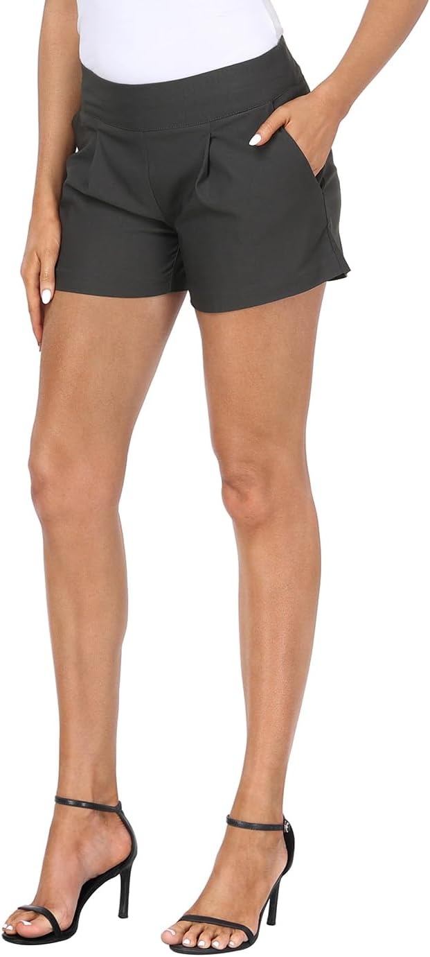 image:imageHDE Womens Pull On Dress Shorts 3 Inseam with Pockets High Waisted Chino Dressy Pleated Summer Stretchy Elastic Waist ShortsCharcoal