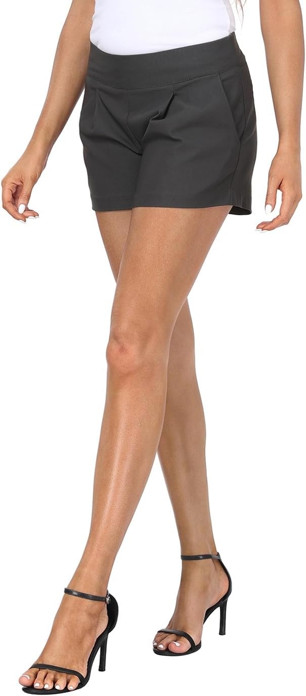 image:imageHDE Womens Pull On Dress Shorts 3 Inseam with Pockets High Waisted Chino Dressy Pleated Summer Stretchy Elastic Waist ShortsCharcoal