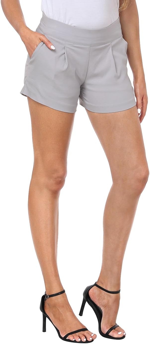 image:imageHDE Womens Pull On Dress Shorts 3 Inseam with Pockets High Waisted Chino Dressy Pleated Summer Stretchy Elastic Waist ShortsCool Gray