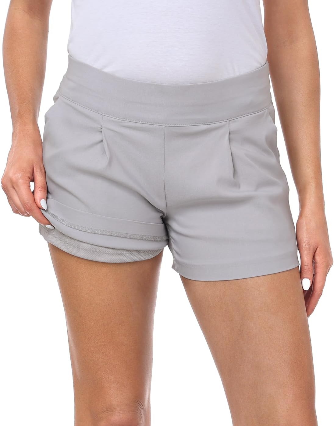 image:imageHDE Womens Pull On Dress Shorts 3 Inseam with Pockets High Waisted Chino Dressy Pleated Summer Stretchy Elastic Waist ShortsCool Gray