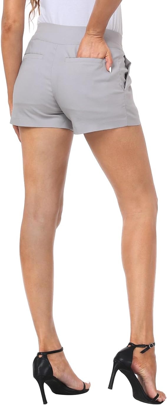 image:imageHDE Womens Pull On Dress Shorts 3 Inseam with Pockets High Waisted Chino Dressy Pleated Summer Stretchy Elastic Waist ShortsCool Gray