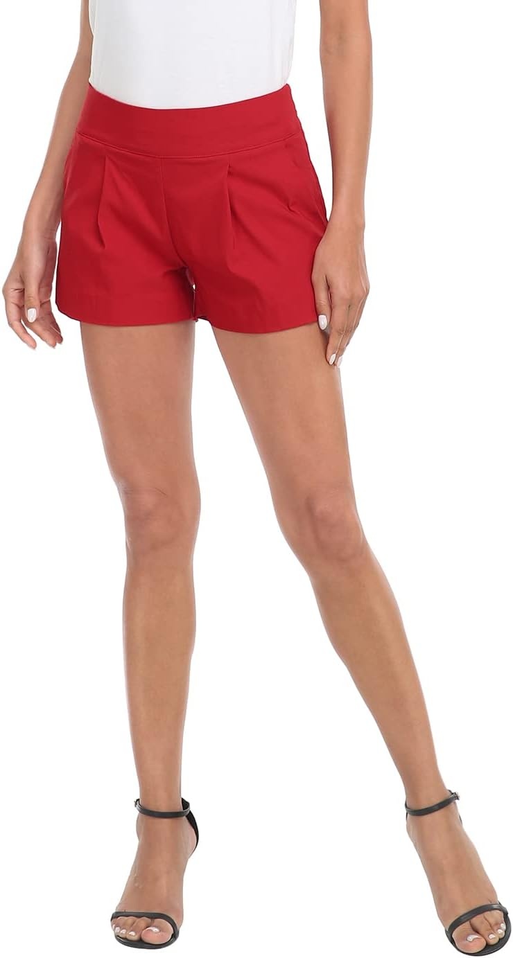 image:imageHDE Womens Pull On Dress Shorts 3 Inseam with Pockets High Waisted Chino Dressy Pleated Summer Stretchy Elastic Waist ShortsRed